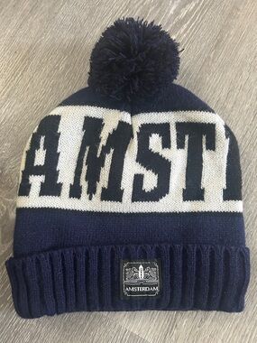 Amsterdam Beanie Stretchy Hat with Pom Pom, Navy Blue & White One Size